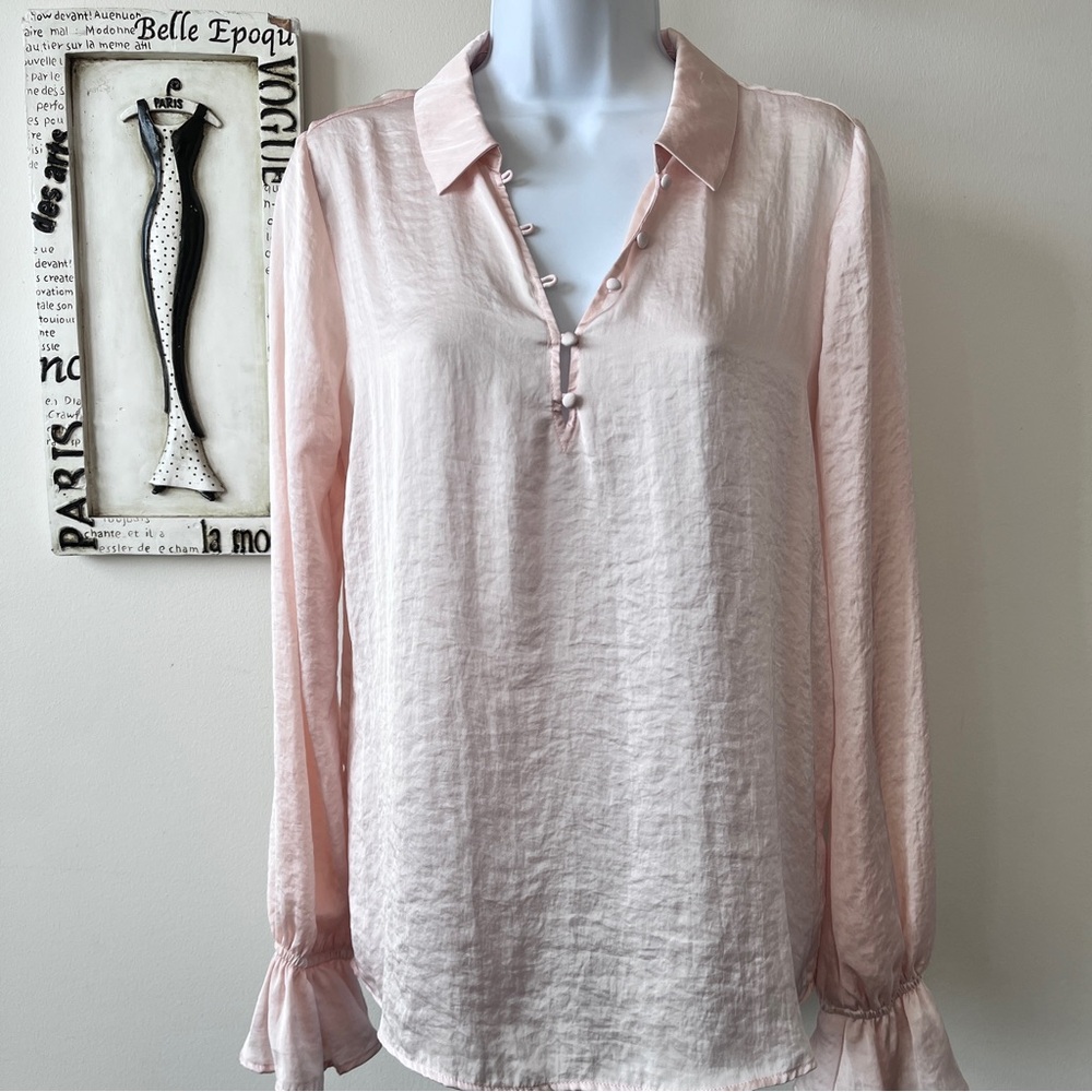 PAIGE Resa Pink Long Bell Sleeve V-Neck Blouse Top Size S